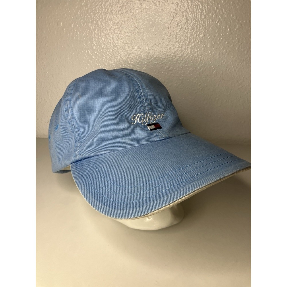Vintage‎ 90s Tommy Hilfiger Script Logo Adjustable Strap Baseball Hat Baby Blue